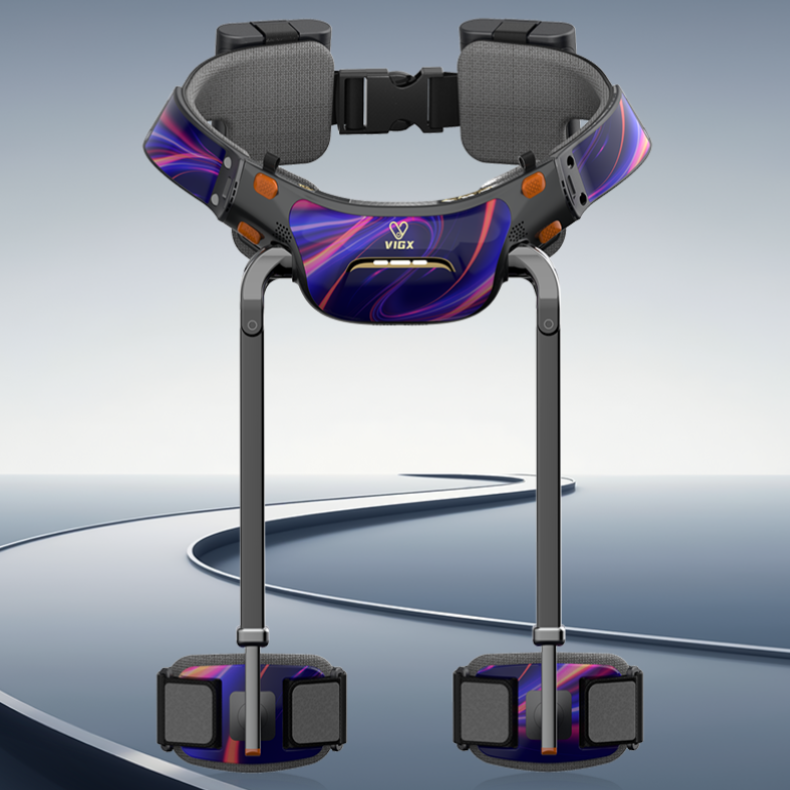 Wearable exoskeleton device with adjustable straps and padded supports, futuristic design