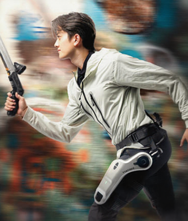 Man running with wearable robotic exoskeleton device on his leg, dynamic blurred background